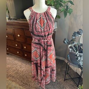 Vintage Evan Picone Red, Orange, Brown and Black Geometric Midi Dress